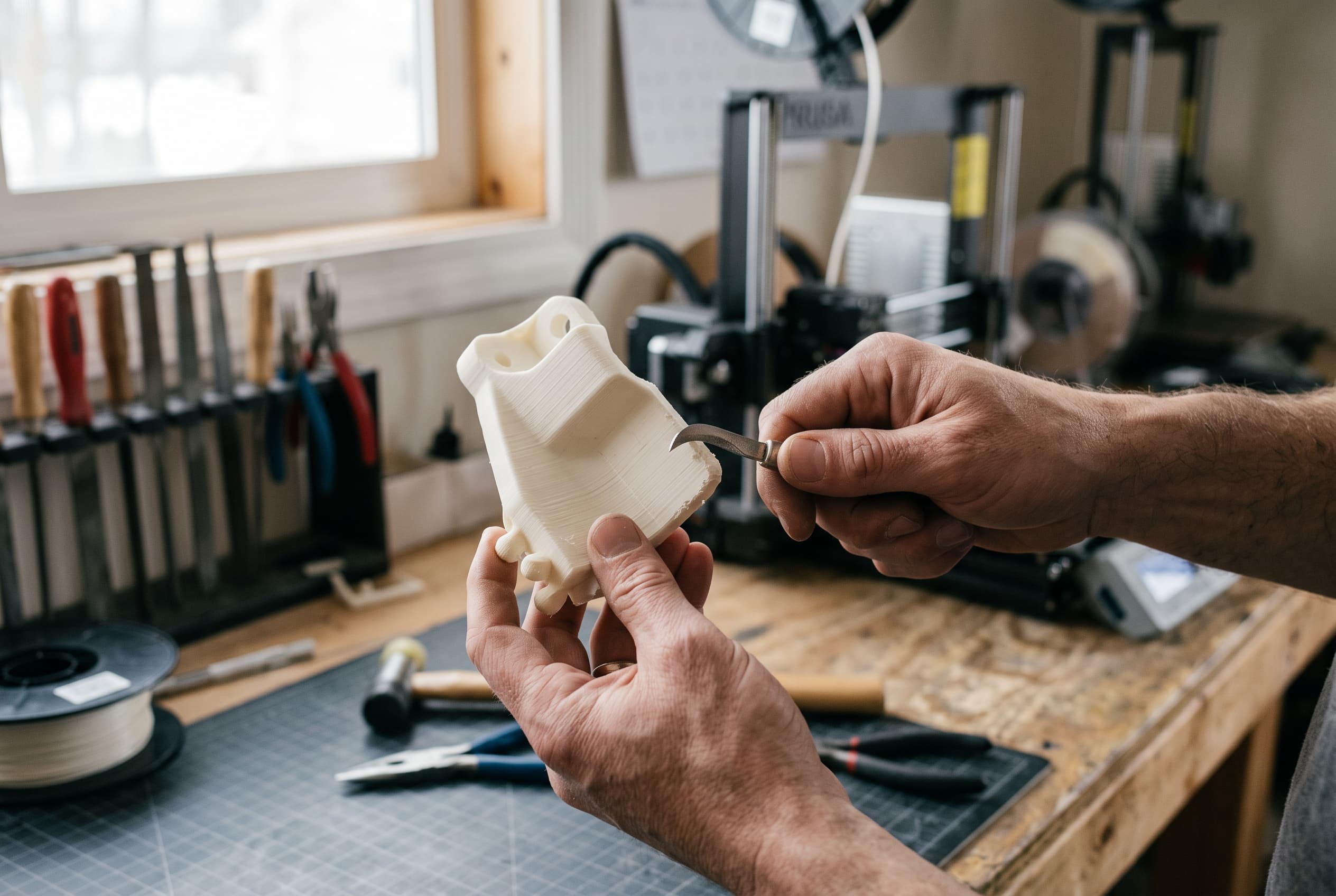 A maker holding a cream-coloured 3D-printed bracket in one hand and paring a support away from its edge with a hooked craft knife, at a workbench with a 3D printer and a spool of filament behind