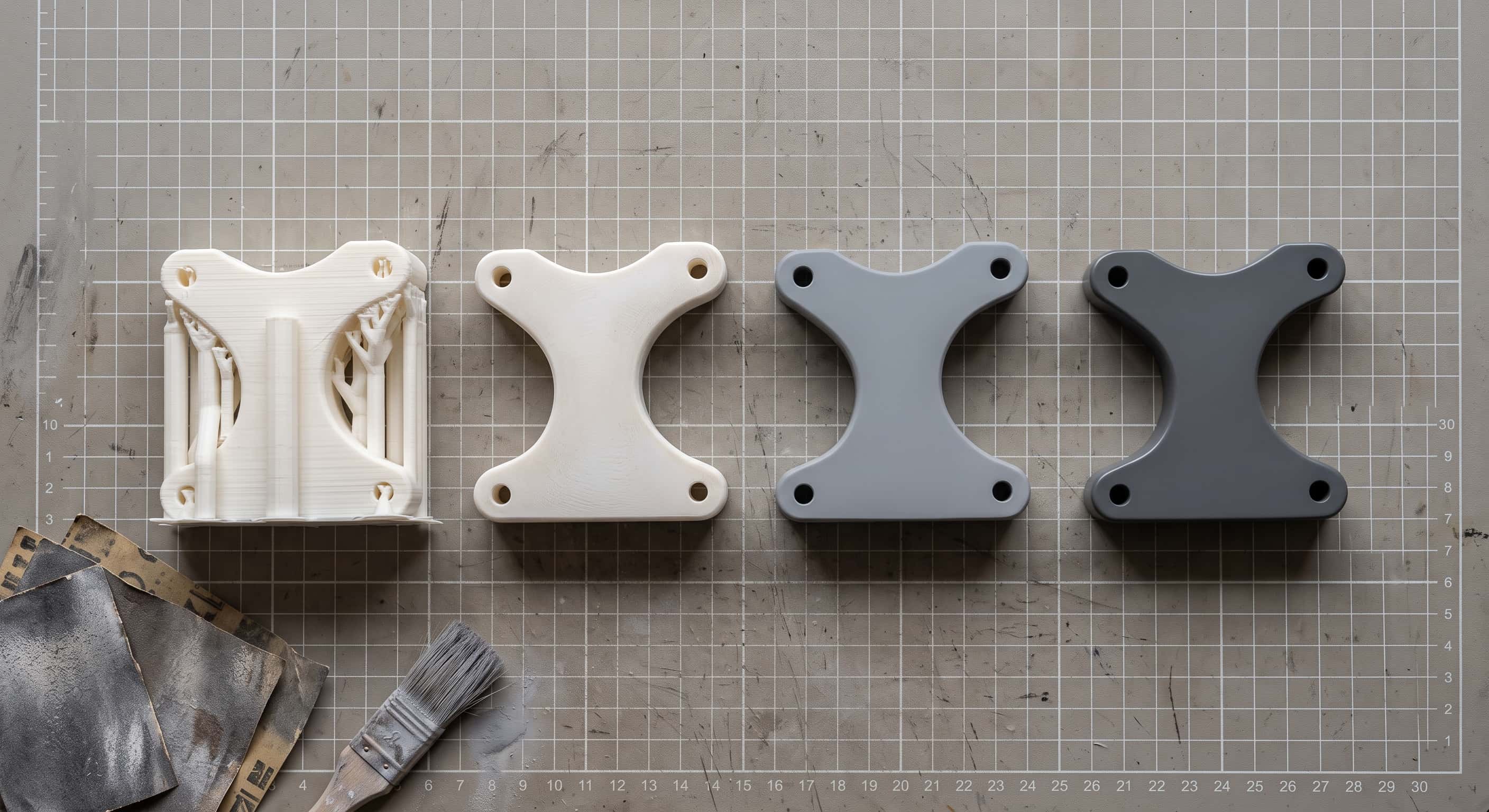 One bracket at four stages of finishing, laid in a row on a gridded cutting mat — supports still attached, sanded bare, primed grey, then finished in dark satin — with sandpaper and a brush at the edge
